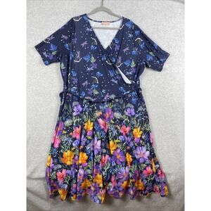 Popsy Floral Faux Wrap A-Line Dress Navy Womens 22 US 18 Romantic Whimsical